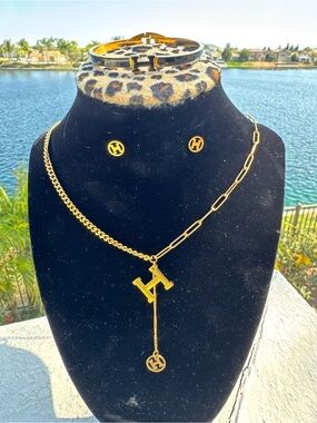 Gold-Tone Black Enamel H Logo Bracelet/Necklace/Earrings Set